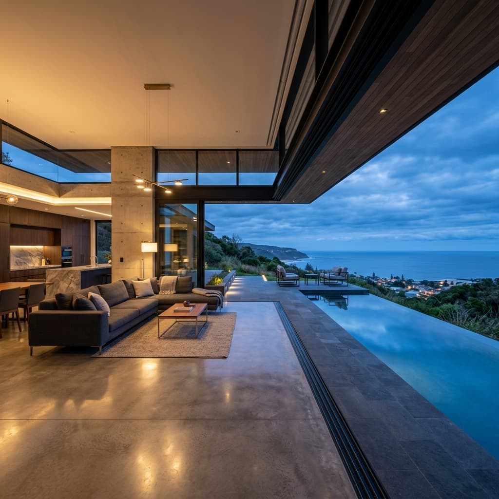 Luxury villa with floor-to-ceiling Meylen sliding windows at dusk