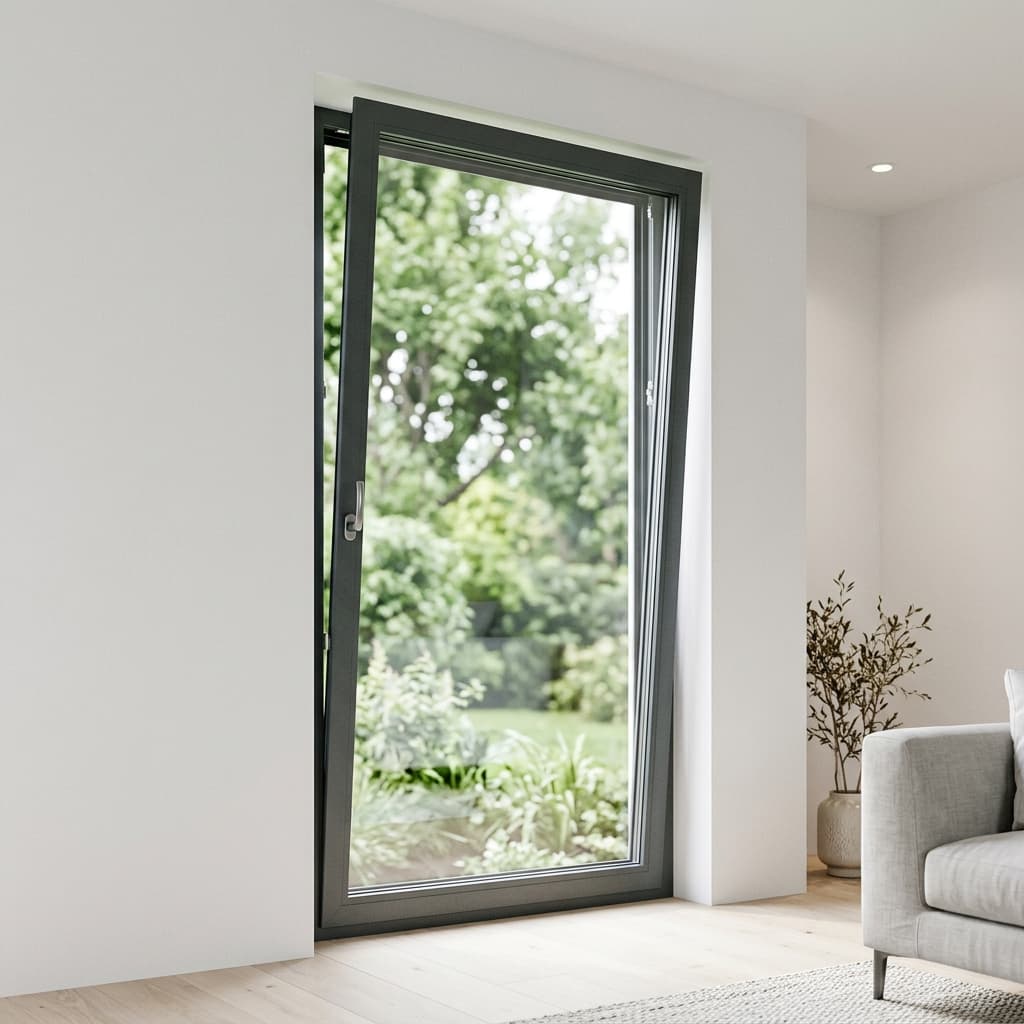 Schüco tilt-and-turn window open in turn position in a luxury interior